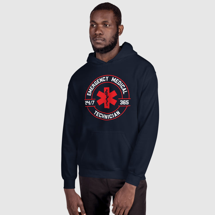 man wearing matching navy blue hoodie with EMT 24/7 365 design on front