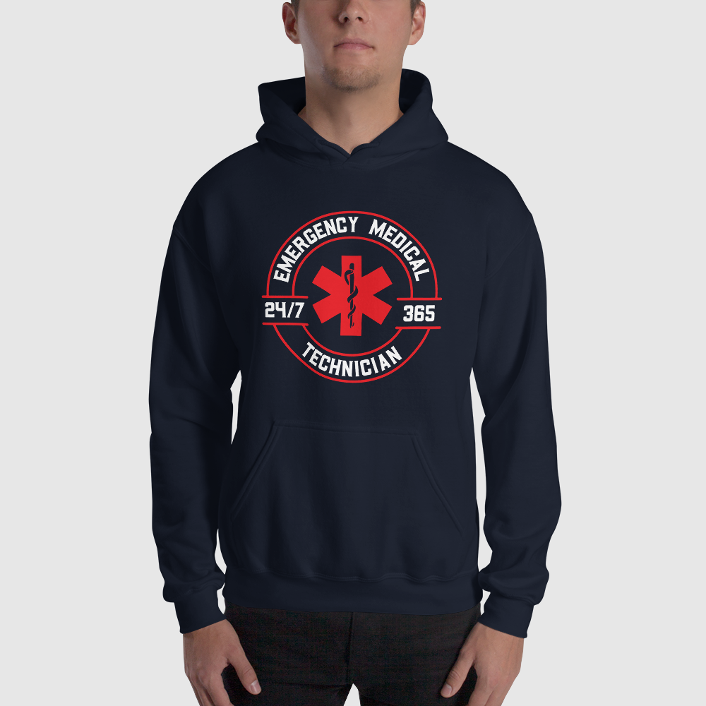 man wearing matching navy blue hoodie with EMT 24/7 365 design on front