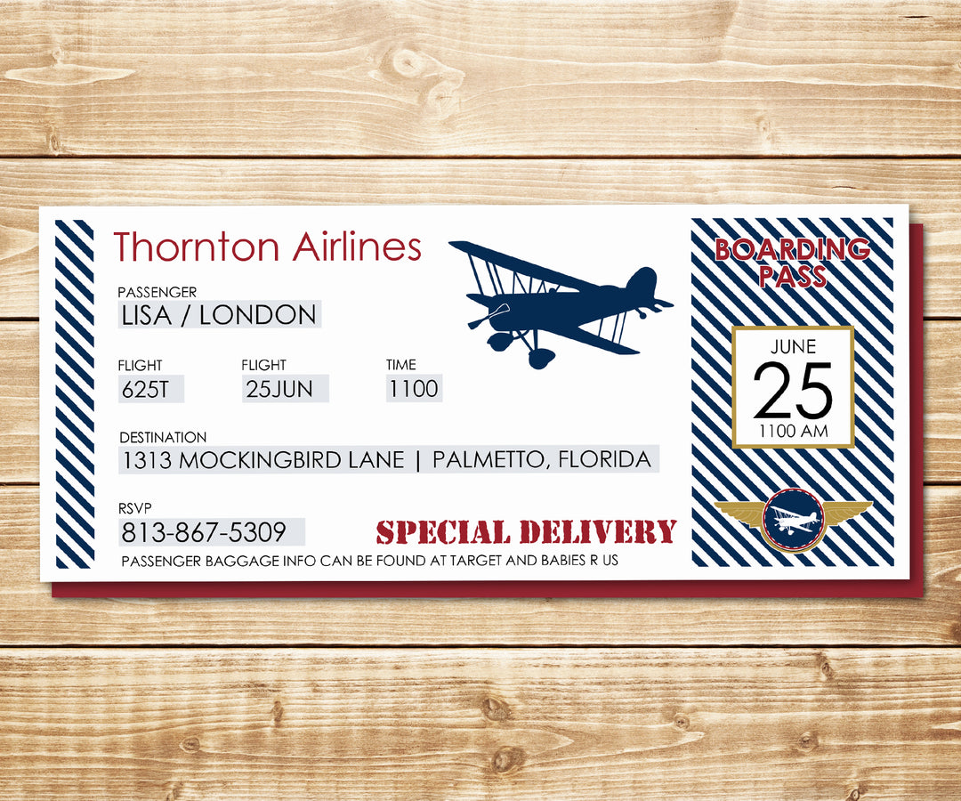 Vintage Biplane Airline Ticket Invitation